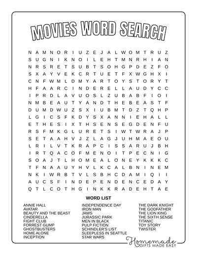 Word Search Printable Movies