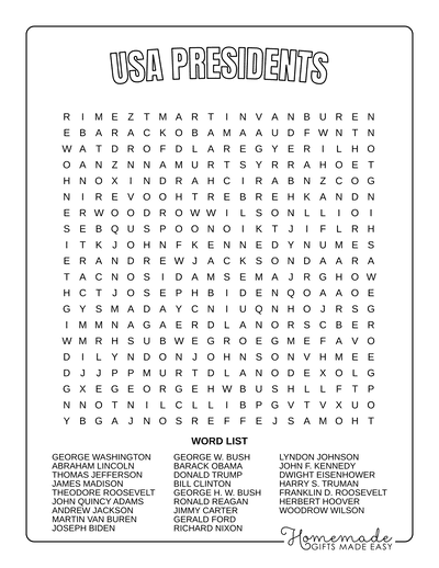 Word Search Printable Presidents