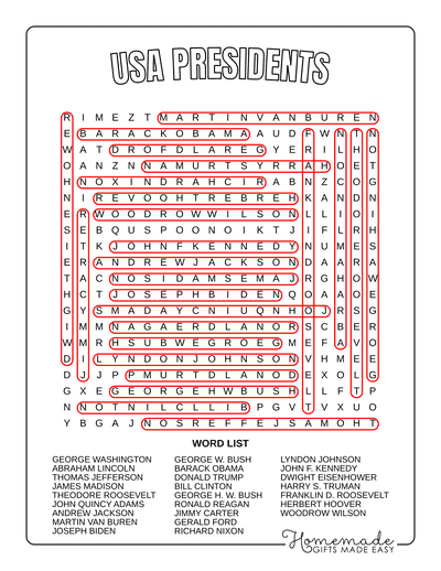 Word Search Printable Presidents Answers