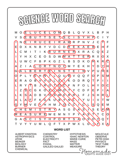 Word Search Printable Science Answers