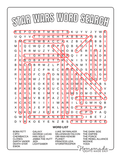 Word Search Printable Star Wars Answers