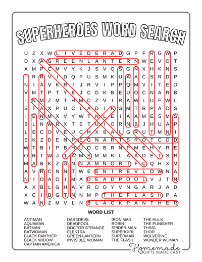 Word Search Printable Superheroes Answers
