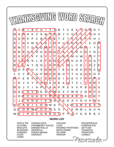 Word Search Printable Thanskgiving Answers