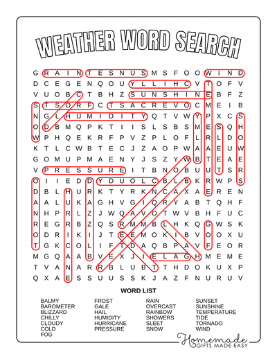 Word Search Printable Weather Answers