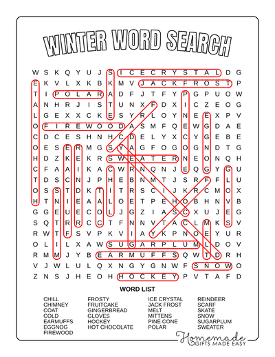 Word Search Printable Winter Answers