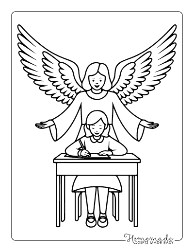 Angel Coloring Pages Easy Guardian Angel Watching Over Student