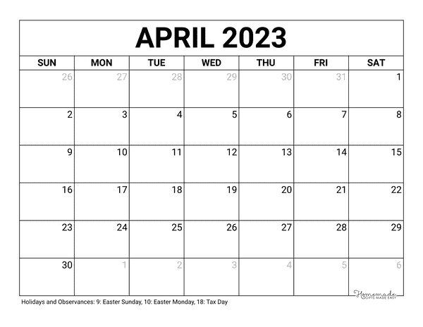 April Calendar 2023 Printable Blank