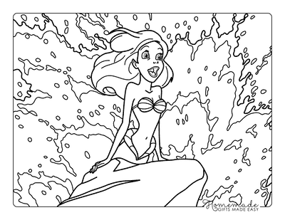 Ariel Coloring Pages Ariel on Rock Water Splash Easy Outline for Kids