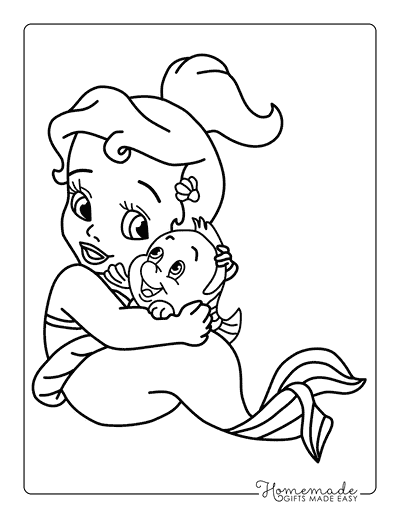 Ariel Coloring Pages Easy Baby Ariel and Flounder Hugging Outline for Kids