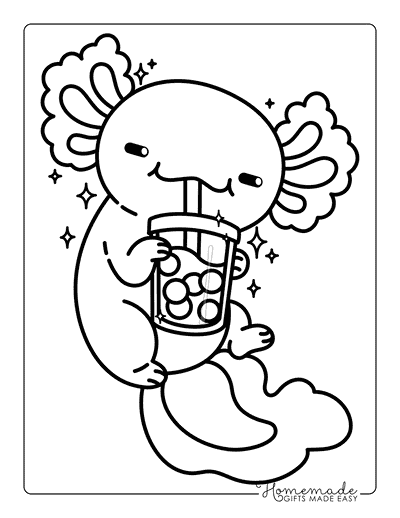Axolotl Coloring Pages Easy Cute Kawaii Axolotl Drinking Boba Tea