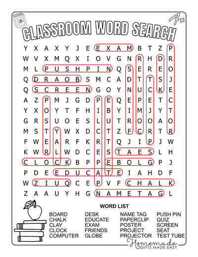 Back to School Word Search Classroom Medium Answers
