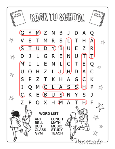 Back to School Word Search General Easy Answers