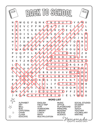 Back to School Word Search General Hard Answers