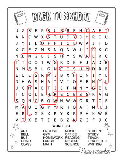 Back to School Word Search General Medium Answers