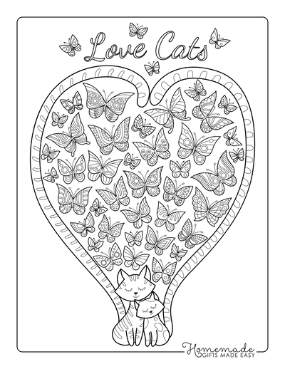 Cat Coloring Pages Cats Heart Tails Butterflies