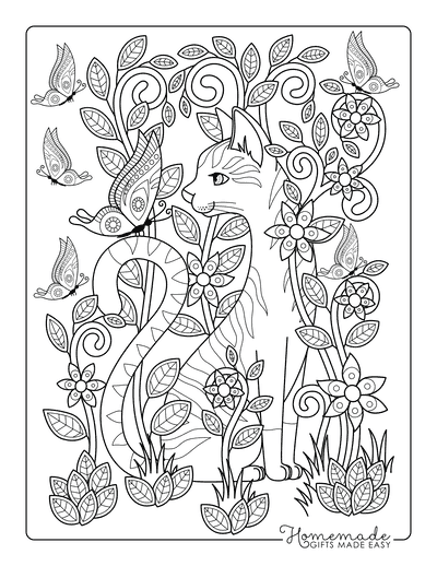 Cat Coloring Pages Detailed Cat Garden Butterfly
