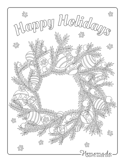 Christmas Coloring Pages Wreath With Ornaments Happy Holidays