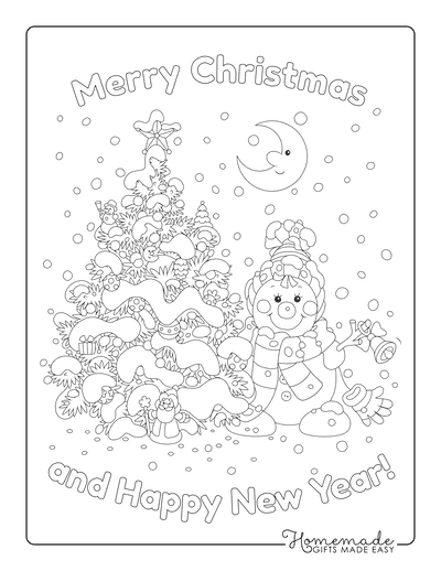 Christmas Tree Coloring Page Merry Christmas Happy New Year Cute Snowman Tree