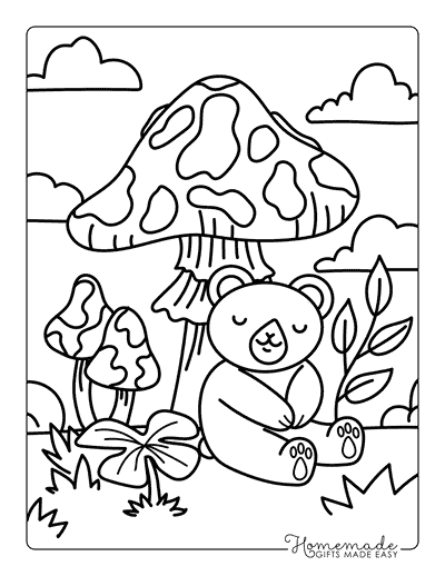 Cozy Coloring Pages Simple Kawaii Cozy Bear Resting Against Mushroom
