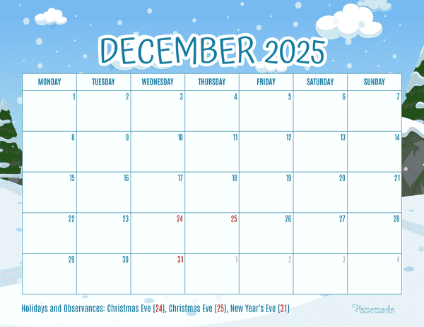 December Calendar 2025 Cool Bright Winter Scene Monday Start