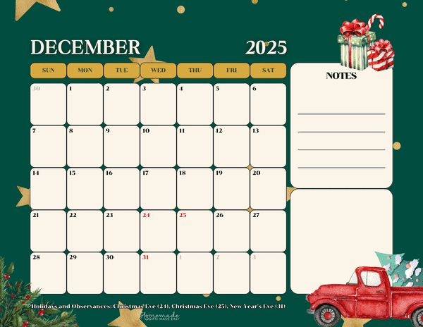 December Calendar 2025 Cute Green Watercolor Winter