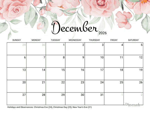 December Calendar 2026 Printable Rose