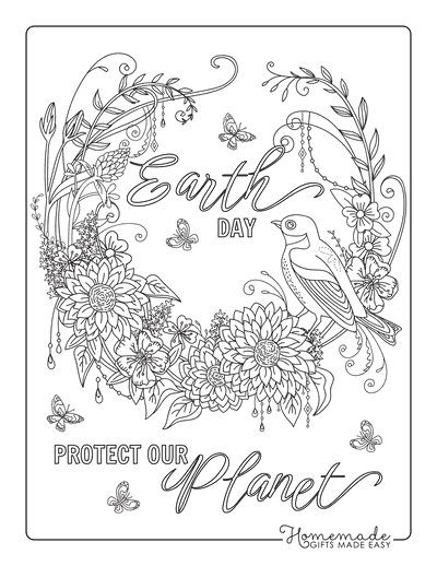 Earth Day Coloring Pages Bird Flower Wreath Protect Our Planet