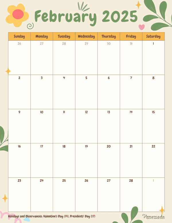 February 2025 Calendar Printable with Holidays
