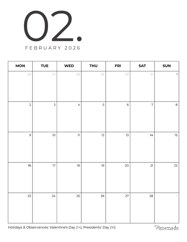 February Calendar 2026 Minimalist Portrait Monday Start