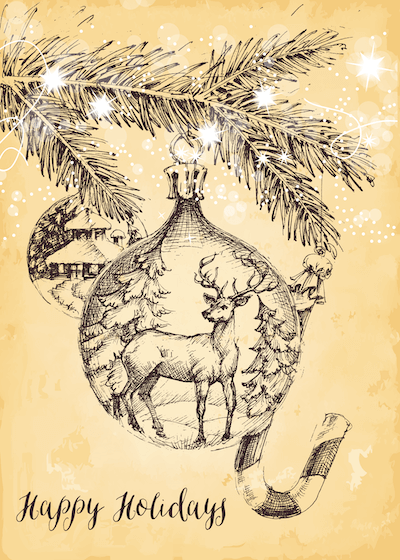Free Printable Christmas Cards Happy Holidays Sepia Deer Bauble Candy Cane