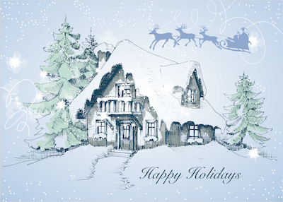 Free Printable Christmas Cards Snowy Cottage Santa Sleigh Happy Holidays