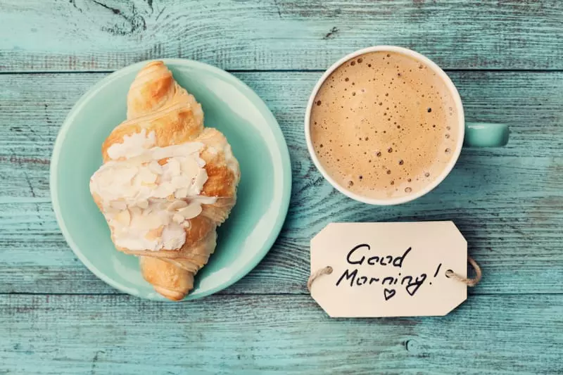 good morning messages for him croissant with coffee and note
