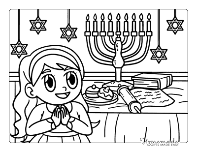 Hanukkah Coloring Pages Girl Praying With Menorah