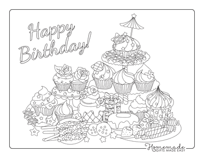 Happy Birthday Coloring Pages Cupcakes Party Food Detailed