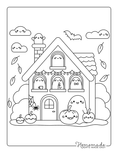 Haunted House Coloring Pages Simple Cute Haunted House With Kawaii Ghosts