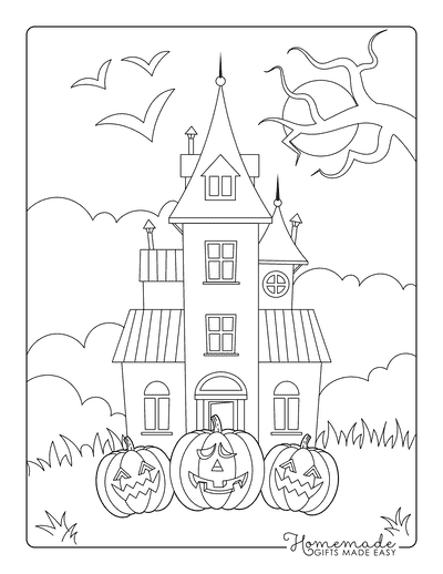 Haunted House Coloring Pages Simple Haunted House With Jack O Lanterns in Front