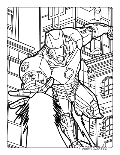 Iron Man Coloring Pages Iron Man Outline Shooting Lazer in Cityscape