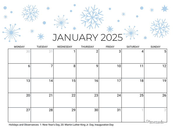 January 2025 Calendar Printable with Holidays