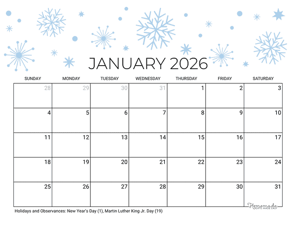 January Calendar 2026 Printable Winter Snowflakes Landscape
