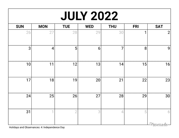 July Calendar 2022 Printable Blank
