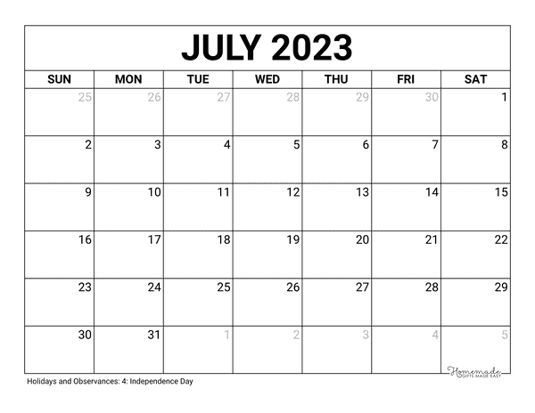 july Calendar 2023 Printable Blank