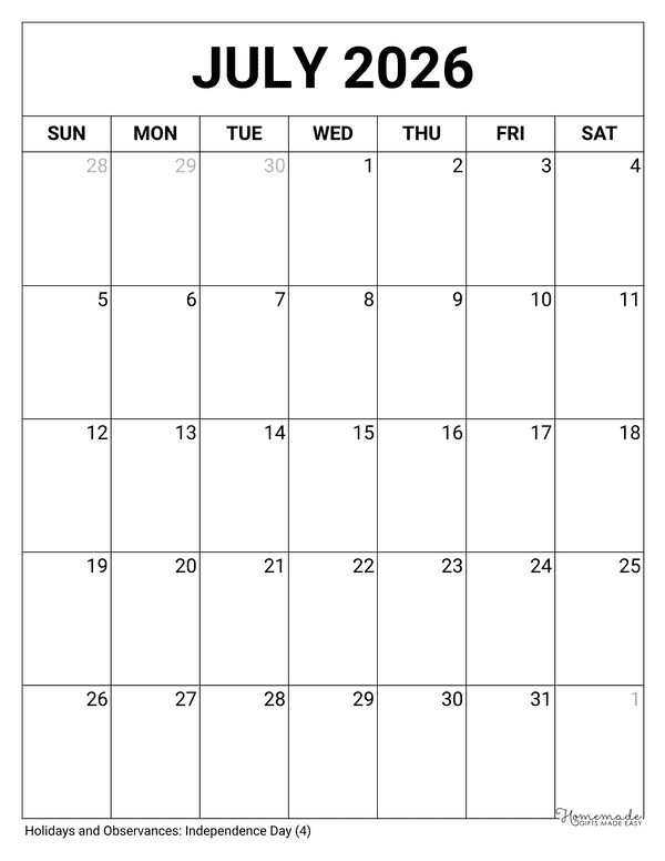July Calendar 2026 Printable Blank Portrait