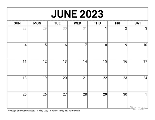 June Calendar 2023 Printable Blank