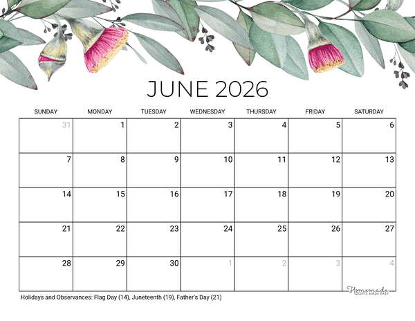June Calendar 2026 Printable Eucalyptus