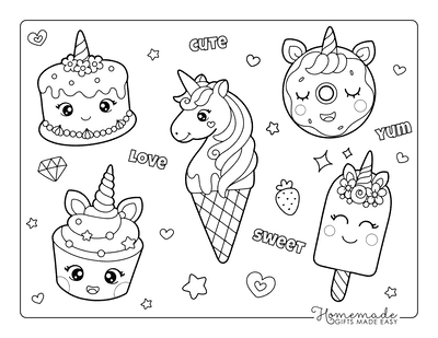 Kawaii Coloring Pages Cute Cakes Popsicle Donut Stars Hearts