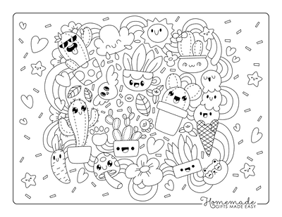 Kawaii Coloring Pages Cute Food Cacti Animals Doodle Hearts Rainbows