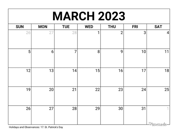 March Calendar 2023 Printable Blank