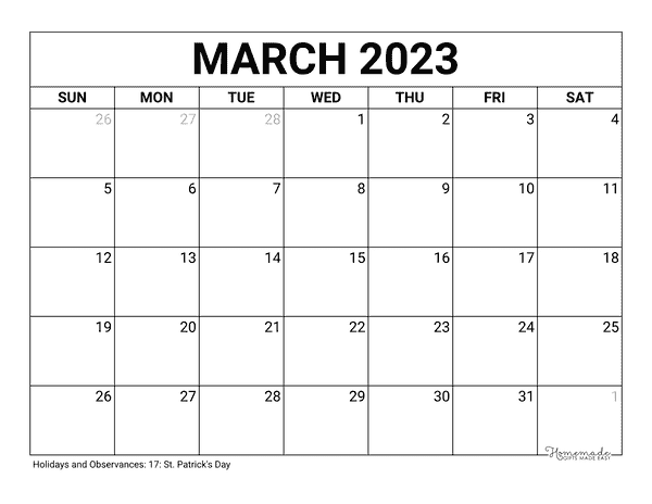 March 2023 Calendar Free Printable With Holidays