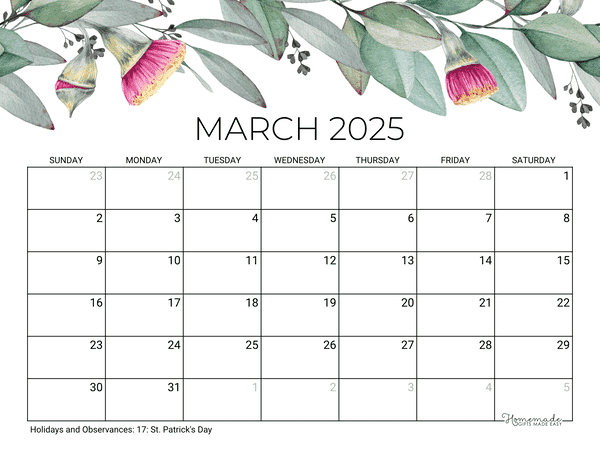 March Calendar 2025 Printable Eucalyptus