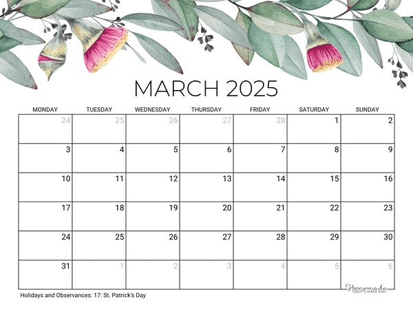 March 2025 Calendar Printable with Holidays